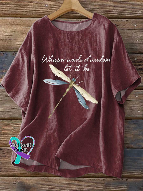 Women’s Whisper Words of Wisdom Let It Be Dragonfly Print Casual Linen Crew Neck Shirt Red / S
