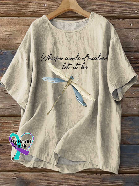 Women’s Whisper Words of Wisdom Let It Be Dragonfly Print Casual Linen Crew Neck Shirt Sand / S
