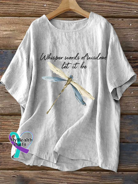 Women’s Whisper Words of Wisdom Let It Be Dragonfly Print Casual Linen Crew Neck Shirt White / S
