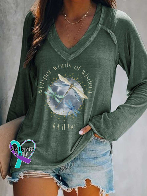 Women’s Whisper Words of Wisdom Let It Be Dragonfly Print Casual V Neck Long Sleeve Tops Green / S