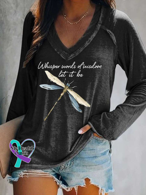 Women’s Whisper Words of Wisdom Let It Be Dragonfly Print V Neck Long Sleeve Tops Black / S