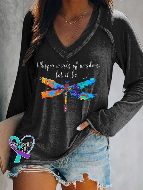 Women’s Whisper Words of Wisdom Let It Be.dragonfly Print V Neck Long Sleeve Tops Black / S