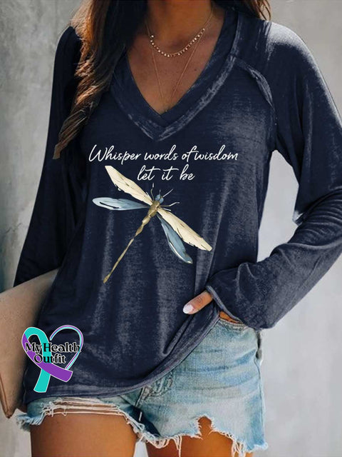 Women’s Whisper Words of Wisdom Let It Be Dragonfly Print V Neck Long Sleeve Tops Blue / S