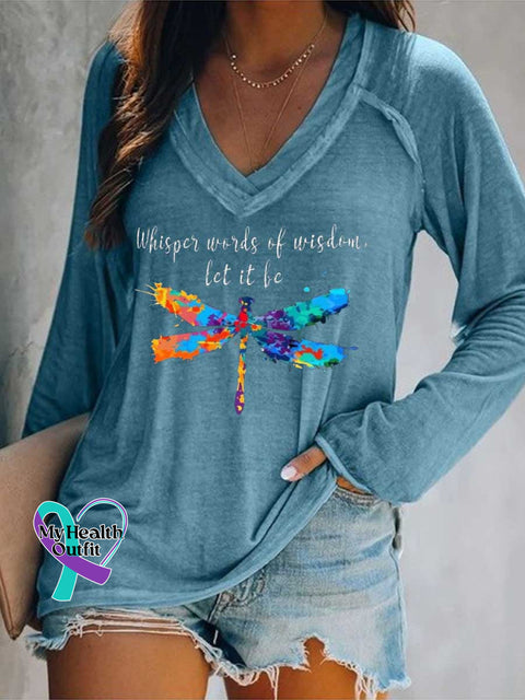 Women’s Whisper Words of Wisdom Let It Be.dragonfly Print V Neck Long Sleeve Tops Blue / S