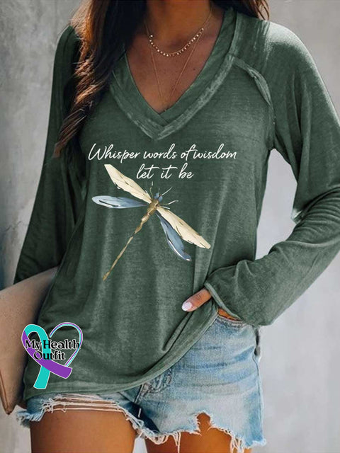 Women’s Whisper Words of Wisdom Let It Be Dragonfly Print V Neck Long Sleeve Tops Green / S
