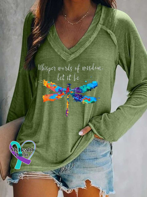 Women’s Whisper Words of Wisdom Let It Be.dragonfly Print V Neck Long Sleeve Tops Green / S