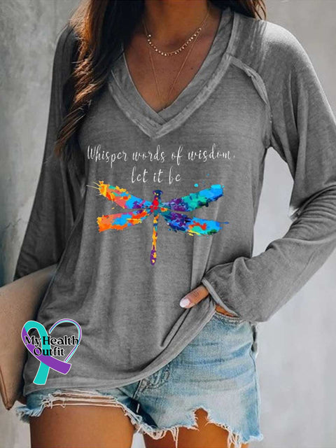 Women’s Whisper Words of Wisdom Let It Be.dragonfly Print V Neck Long Sleeve Tops Grey / S