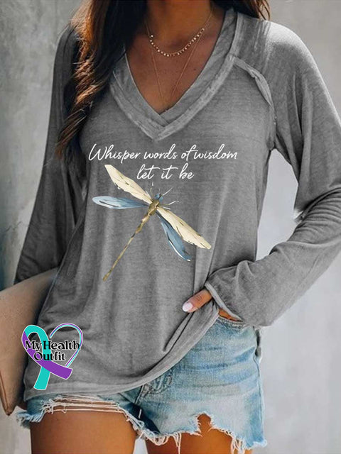 Women’s Whisper Words of Wisdom Let It Be Dragonfly Print V Neck Long Sleeve Tops Grey / S