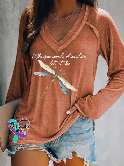 Women’s Whisper Words of Wisdom Let It Be Dragonfly Print V Neck Long Sleeve Tops Orange / S