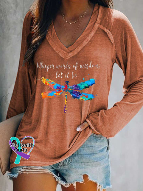 Women’s Whisper Words of Wisdom Let It Be.dragonfly Print V Neck Long Sleeve Tops Orange / S