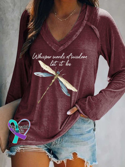 Women’s Whisper Words of Wisdom Let It Be Dragonfly Print V Neck Long Sleeve Tops Red / S