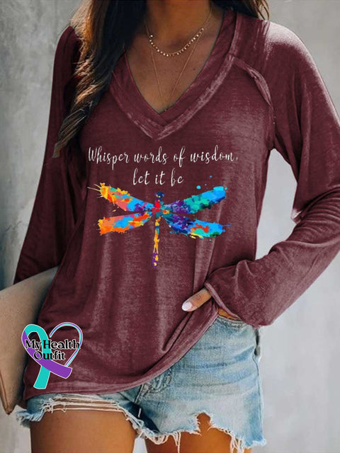 Women’s Whisper Words of Wisdom Let It Be.dragonfly Print V Neck Long Sleeve Tops Red / S