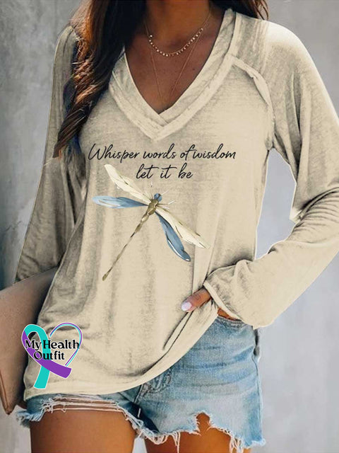 Women’s Whisper Words of Wisdom Let It Be Dragonfly Print V Neck Long Sleeve Tops Sand / S
