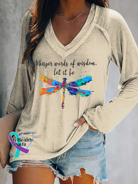 Women’s Whisper Words of Wisdom Let It Be.dragonfly Print V Neck Long Sleeve Tops Sand / S