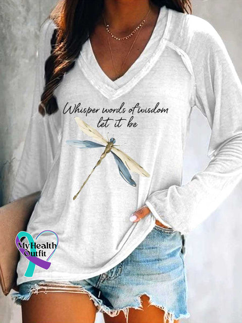 Women’s Whisper Words of Wisdom Let It Be Dragonfly Print V Neck Long Sleeve Tops White / S