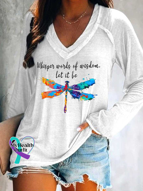 Women’s Whisper Words of Wisdom Let It Be.dragonfly Print V Neck Long Sleeve Tops White / S
