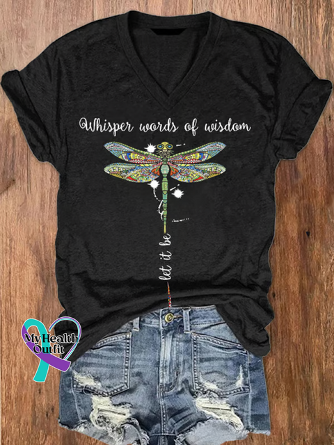 Women’s Whisper Words of Wisdom Let It Be Dragonfly V-neck Casual T-Shirt Black / S