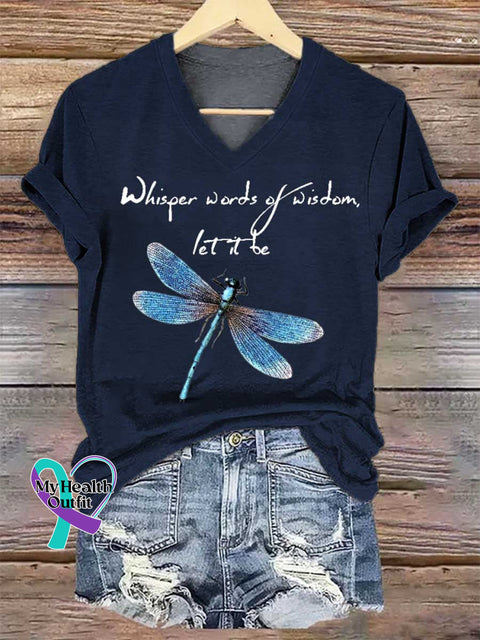 Women’s Whisper Words of Wisdom Let It Be Dragonfly V-neck Casual T-Shirt Blue / S