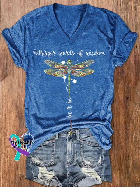 Women’s Whisper Words of Wisdom Let It Be Dragonfly V-neck Casual T-Shirt Blue / S