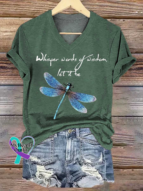 Women’s Whisper Words of Wisdom Let It Be Dragonfly V-neck Casual T-Shirt Green / S