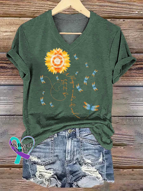 Women’s Whisper Words of Wisdom Let It Be Dragonfly V-neck Casual T-Shirt Green / S