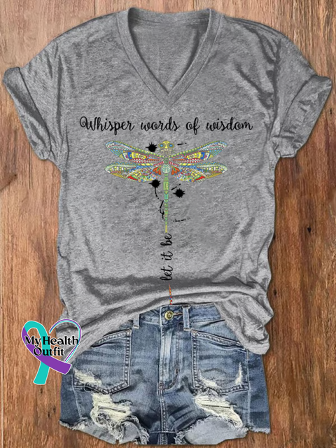 Women’s Whisper Words of Wisdom Let It Be Dragonfly V-neck Casual T-Shirt Grey / S