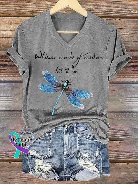 Women’s Whisper Words of Wisdom Let It Be Dragonfly V-neck Casual T-Shirt Grey / S