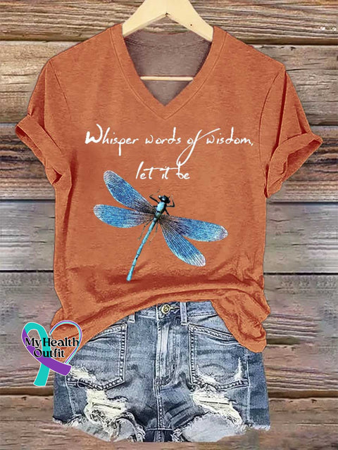Women’s Whisper Words of Wisdom Let It Be Dragonfly V-neck Casual T-Shirt Orange / S