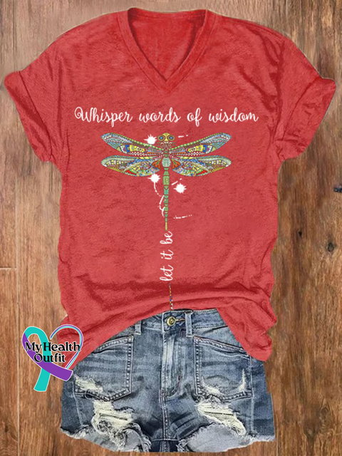 Women’s Whisper Words of Wisdom Let It Be Dragonfly V-neck Casual T-Shirt Red / S