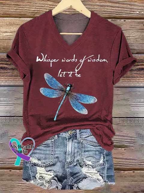 Women’s Whisper Words of Wisdom Let It Be Dragonfly V-neck Casual T-Shirt Red / S
