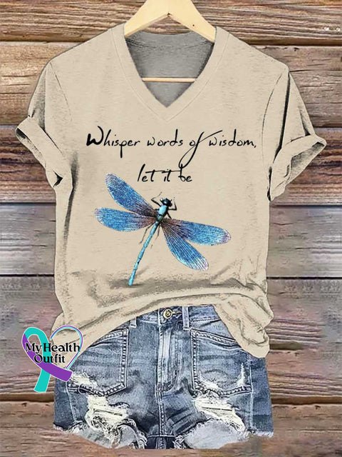Women’s Whisper Words of Wisdom Let It Be Dragonfly V-neck Casual T-Shirt Sand / S