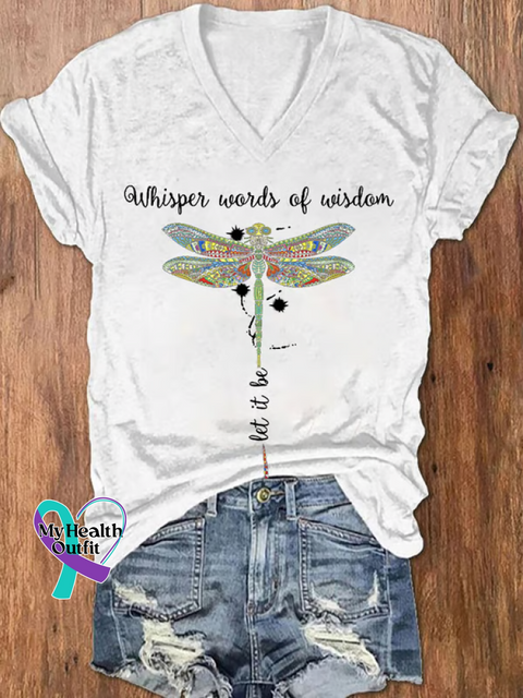 Women’s Whisper Words of Wisdom Let It Be Dragonfly V-neck Casual T-Shirt White / S