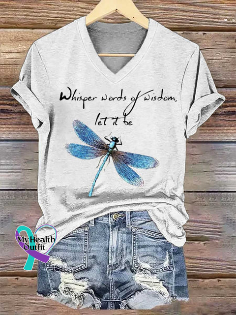Women’s Whisper Words of Wisdom Let It Be Dragonfly V-neck Casual T-Shirt White / S