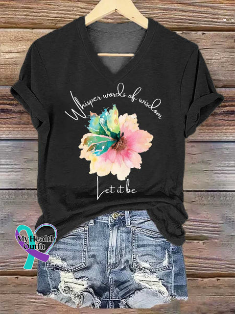Women’s Whisper Words of Wisdom Let It Be Floral V-neck Casual T-Shirt Black / S