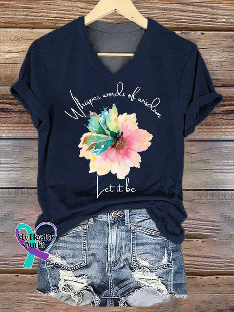 Women’s Whisper Words of Wisdom Let It Be Floral V-neck Casual T-Shirt Blue / S