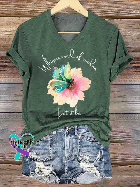 Women’s Whisper Words of Wisdom Let It Be Floral V-neck Casual T-Shirt Green / S