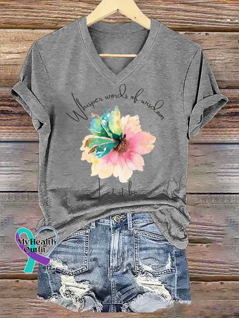Women’s Whisper Words of Wisdom Let It Be Floral V-neck Casual T-Shirt Grey / S
