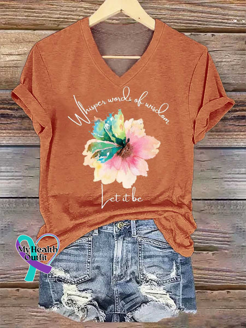Women’s Whisper Words of Wisdom Let It Be Floral V-neck Casual T-Shirt Orange / S