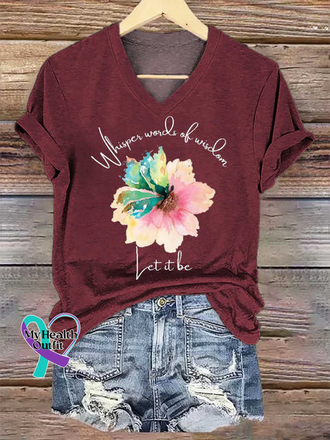 Women’s Whisper Words of Wisdom Let It Be Floral V-neck Casual T-Shirt Red / S