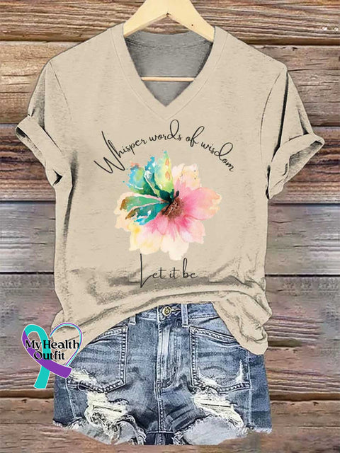 Women’s Whisper Words of Wisdom Let It Be Floral V-neck Casual T-Shirt Sand / S
