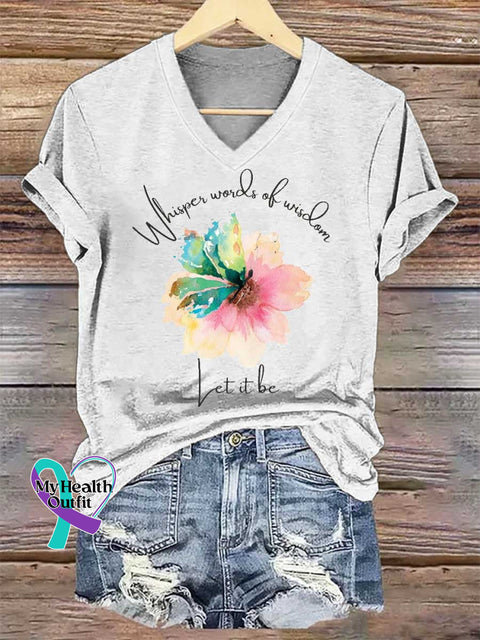 Women’s Whisper Words of Wisdom Let It Be Floral V-neck Casual T-Shirt White / S