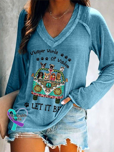 Women’s Whisper Words Of Wisdom Let It Be Hippie Car Dog Lover Gift Classic V-Neck Long Sleeve