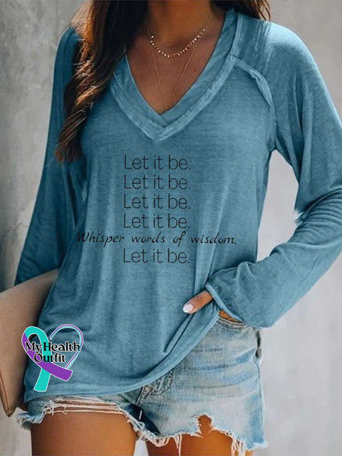Women’s Whisper Words of Wisdom. Let It Be. Print Casual V Neck Long Sleeve Tops Blue / S