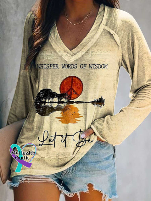 Women’s WHISPER WORDS OF WISDOM Let It Be Print Casual V Neck Long Sleeve Tops Multicolor / S
