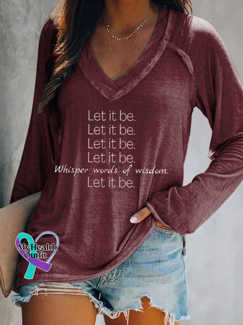 Women’s Whisper Words of Wisdom. Let It Be. Print Casual V Neck Long Sleeve Tops Red / S