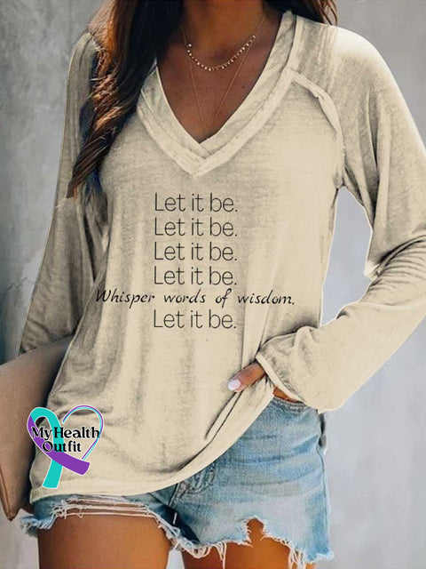 Women’s Whisper Words of Wisdom. Let It Be. Print Casual V Neck Long Sleeve Tops Sand / S