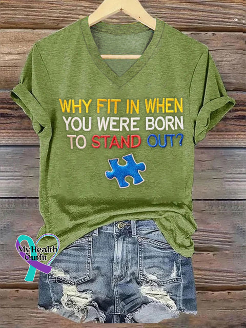 Women’s Why Fit In When You Were Born To Stand Out? Autism Awareness Printed Short-Sleeved T-Shirt Green / S