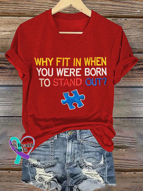 Women’s Why Fit In When You Were Born To Stand Out? Autism Awareness Printed Short-Sleeved T-Shirt Red / S