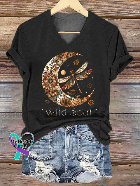 Women’s Wild Soul Dragonfly V-neck Casual T-Shirt Black / S