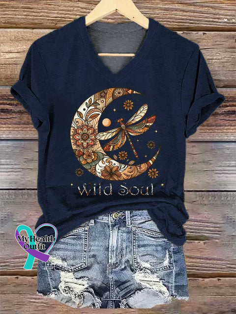 Women’s Wild Soul Dragonfly V-neck Casual T-Shirt Blue / S